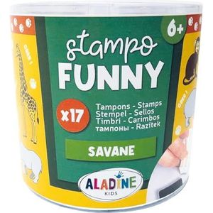 Aladine - Stampo Funny Savane – stempels Savanne + zwart stempelkussen – 1 tot 5 cm – 17 stuks – 85175