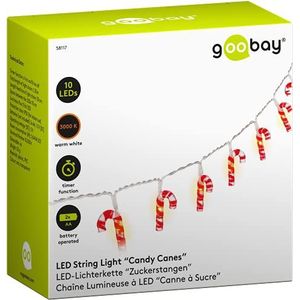 goobay 58117 Lichtsnoer met 10 leds, suikerriet, kerstverlichting, warmwit, timerfunctie, rood en wit