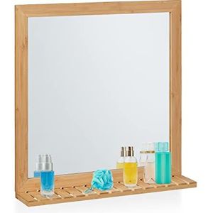 Relaxdays Wandspiegel met plank, bamboeframe, h x b 61,5 x 60 x 12 cm, hangspiegel voor badkamer, kleedkamer en gastentoilet, naturel