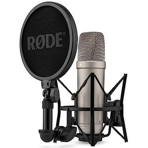 RØDE NT1 5e generatie studio condensatormicrofoon met groot diafragma met XLR- en USB-uitgangen, schokbestendige houder en popfilter voor spraakopname en podcasting (zilver)