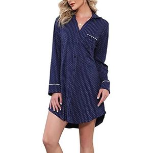 Doaraha Nachthemd dames zomer pyjama V-hals korte mouwen katoen nachtkleding knoopsluiting nachthemd jurk nachthemd met knopen, Marineblauwe stippen