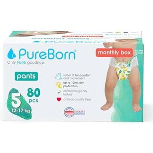PureBorn Premium luierbroekjes, maat 5 (12-17 kg), 80 babybroekjes, superieure bescherming voor dag en nacht, hypoallergeen, ultrazacht, dermatologisch getest, huidvriendelijk