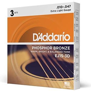 D'Addario, akoestische gitaarsnaren, folk gitaarsnaren, EJ15-3D, fosforbronzen snaren voor akoestische gitaar met coating, zeer licht, 3 games