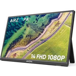 ARZOPA Draagbare monitor, 14,0 inch 1920 × 1080 FHD IPS draagbare monitor voor laptop met single-rod, ondersteuning HDMI/Type-C/USB-C, oogbescherming gaming scherm voor laptop/pc/Mac/PS3/4/5/Xbox