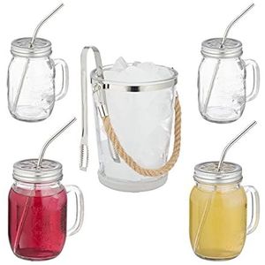 Relaxdays Set van 4 cocktailglazen met deksel, 500 ml, schroefdeksel, rietje, ijsemmer en tang, transparant