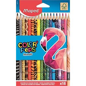 Maped Color'Peps Animals FSC Kleurpotloden, ergonomische driehoekige kleurpotloden, dierversierde potloden, verpakking met 18 houten stiften, FSC-gecertificeerd