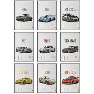 InklingArt Set van 9 posters op canvas auto 911 GT3RS - Klassieke vintage muurkunst - Supercar voor heren, jongenskamer, slaapkamer, wanddecoratie (20,3 x 30,5 cm, zonder lijst)