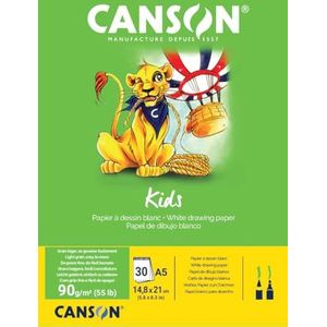 CANSON Kids, wit tekenpapier, lichte korrel, 90 g/m², 55 lb, blok, kleine kant, A5-14,8 x 21 cm, wit, 30 vellen