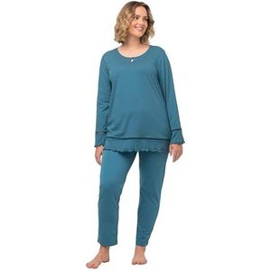 Ulla Popken Pyjama pour femme, ourlet creux, bords ondulés, col rond, pyjama à manches longues, pétrole, 44-46 grande taille
