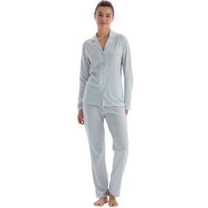 Dagi Shirt met lange mouwen en gedetailleerde geborduurde kraag, pyjamaset voor dames, Lichtblauw