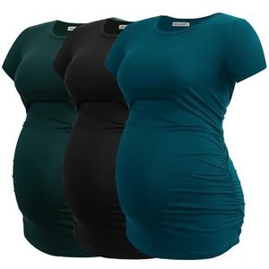 Smallshow Pack van 3 vrouwen Zwangerschap Shirts Geplooide Zijkleding, zwart/donkergroen/blauwgroen