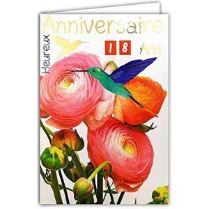 Gelukkige kaart voor verjaardag, ritssluitingen, leeftijd 1 tot 110 jaar – tekst goudkleurig, glanzend, boeket met rozen, sinaasappel, vogels, kolibris blauw, groen
