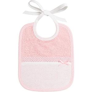 FILET - Kleurrijke badstof slabbetje volledig met de hand gemaakt met Aida linnen zak om te borduren ideaal voor baby's en peuterleeftijden 100% Made in Italy, kleur wit en roze, afmetingen 18 x 21 cm