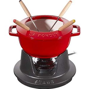 STAUB Fondueservies van gietijzer, met 4 fonduevorken, voor fondue-savooiekoud, bourguignonne en chocolade, 16 cm, kersen