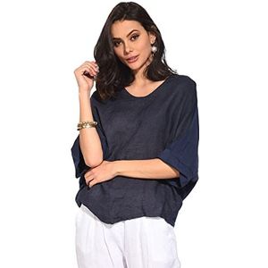 Bonateks Dames tuniek top 100% linnen gemaakt in Italië, top van twee materialen met ronde hals en vleermuismouwen, marineblauw, maat: XL, marineblauw, XL, Marinier