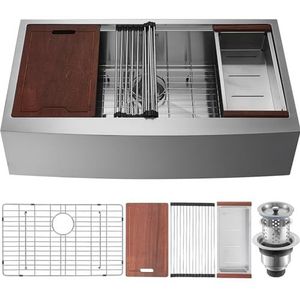 VEVOR Farmhouse 304 roestvrijstalen keukenspoelbak, enkele spoelbak met bovenmontage met rand en accessoires, huishoudelijke afwasbakken voor werkplek, keuken