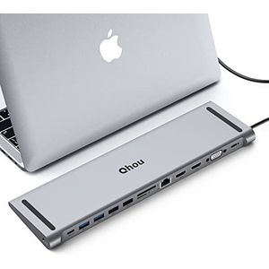 USB C dockingstation, 13-in-1 USB-C hub, USB C-adapter met 2 HDMI, 1 VGA, USB C-aansluiting, 4 USB A-poorten, PD 100 W, Gigabit Ethernet, 3,5 mm aansluiting, SD/TF voor laptop