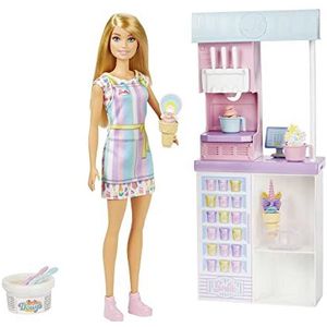 Barbie HCN46 - IJshandel - IJsmachine met hefboomwerking - Blonde pop, boetseerklei en 11 accessoires - 30 cm - Vanaf 3 jaar
