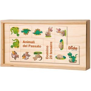 Dida - Domino dieren uit het verleden dinosaurus, tyrannosaurus, brontosaurus, geïllustreerd in domino, bordspel met dakpannen en houten box voor kinderen.