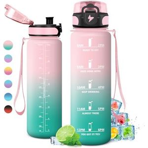KollyKolla Drinkfles, 1 l, tijdsaanduiding, filter, lekvrij, koolzuurhoudende dranken, geschikt voor fietsen, school, meisjes, sport