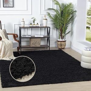 Surya Essentials Modern hoogpolig tapijt voor woonkamer, eetkamer, slaapkamer, abstract tapijt, pluizig, onderhoudsvriendelijk, groot tapijt 120 x 170 cm, zwart