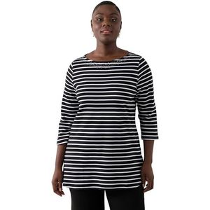 Ulla Popken 826538 T-shirt à rayures en coton Pima pour femme, grandes tailles, col bateau, manches 3/4, Noir, 48-50