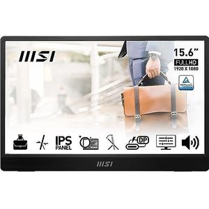 MSI PRO MP161DE E2 15,6 inch Full HD draagbare monitor - IPS-paneel 1920 x 1080 60Hz, oogbescherming (pc, laptop, mobiel), luidsprekers, behuizing en standaard - Mini-HDMI 2.0b, 2 USB-poorten