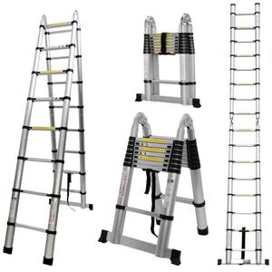 COOCHEER Telescopische ladder, opvouwbaar, 5 m, 2-in-1 aluminium ladder met 16 pluggen, maximale belasting 150 kg, puur zilver