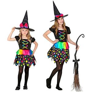 Widmann - 2-delig heksenkostuum voor kinderen met jurk en hoed in regenboogkleuren, stippen, sprookjes, verkleedpartij, themafeest, carnaval, Halloween.