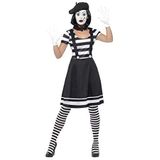 Lady Mime Artist kostuum, zwart, jurk, kraag, beret, gloves, tights & make-up, (L)