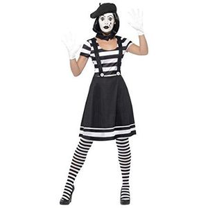 Lady Mime Artist kostuum, zwart, jurk, kraag, beret, gloves, tights & make-up, (L)