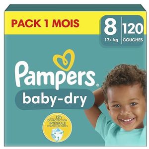 Pampers Baby-Dry luiers, maat 8 (17 kg), 120 luiers, 1 maand, tot 12 uur, droog en met dubbele barrière, lekvrij, nu met meer luiers