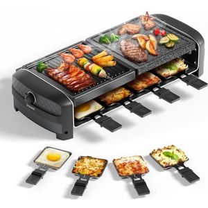 JOYAMI Elektrische grillgrill met natuurlijke grillsteen en kookplaat, raclette met antiaanbaklaag en 8 pannen voor grillen, gratineren, staal