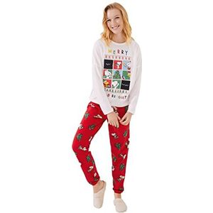 women'secret Pyjama, lang, skinny van fleece, bedrukt, kerstmotieven voor dames, ivoorwit, XL, Ivoor Wit