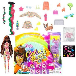 Barbie Color Reveal Fluo HCD27 pop, bruin, met oranje strengen, kleding en 25 verrassingen met kleurverandering, speelgoed voor kinderen, vanaf 3 jaar