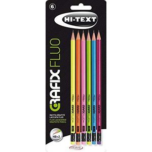 HI-TEXT 065 GRAFIX FLUO grafietstift rond gelakt neonkleuren met rubber HB=2 - blister 6 stuks