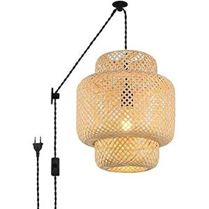 B·LED BARCELONA LED BarcelonaLED Rieten hanglamp met kabel stopcontact katrol vintage bamboe rotan lampenkap E27 voor plafond/muur eetkamer woonkamer