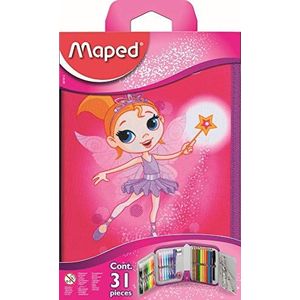 Maped - Pennenetui met 1 etage met 31 schoolbenodigdheden – balpen, gum, puntenslijper, Hb, kleurpotloden, viltstiften, tekenset – Fairy
