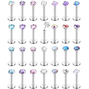 ADRAMATA 28 stuks neuspiercings van chirurgisch staal, draadloos, voor lip, labret, labret, zirkonia, opaal, kwallen, monroe, platte achterkant, conch, tragus, helix piercing sieraden