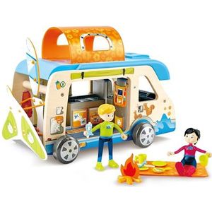 Hape Camper-speelgoed, educatief spel, beschilderde houten vrachtwagen, met pop en afneembare accessoires voor thuis, voor kinderen vanaf 3 jaar, compatibel met traditionele merken