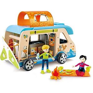 Hape Camper-speelgoed, educatief spel, beschilderde houten vrachtwagen, met pop en afneembare accessoires voor thuis, voor kinderen vanaf 3 jaar, compatibel met traditionele merken