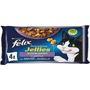 Purina Felix Sensations Jellies natvoer voor katten met lekker lam in gelei met wild en gelei-eend en spinazie, 48 enveloppen van elk 85 g