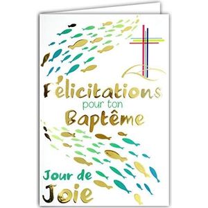 Afie 69-7083 kaart gefeliciteerd met je doop katholiek christelijk kruis peetvader feestdag vreugde vissen water blauw goud gemaakt in Frankrijk