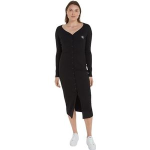 Calvin Klein Jeans Label geribbelde jurk met lange mouwen voor dames, Zwart