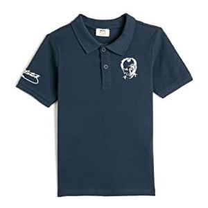 Koton Atatürk bedrukt poloshirt hals T-shirt korte mouwen knoop detail T-shirt jongens, Marineblauw 704