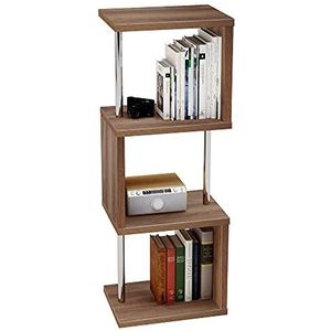 Bestier S-vormige boekenkast met 4 planken, moderne geometrische plank, onafhankelijke opbergrek met metalen frame, tentoonstellingsrek voor woonkamer, walnoot