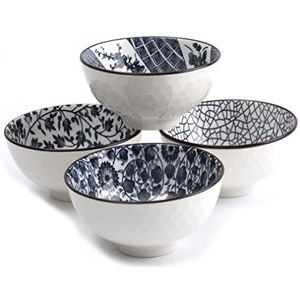 lachineuse - Set van 4 Chinese kommen met Aziatische blauwe motieven ø 11 cm - Rijstkommen, Ontbijt & Soep - Traditionele Chinese Japanse motieven - Aziatische Japanse Aziatische Kom - Cadeau servies