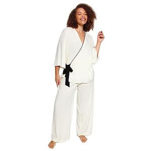 Trendyol Pyjamaset, effen, overhemd en broek, grote maat, Pijama set voor dames (1 stuk), ECRU