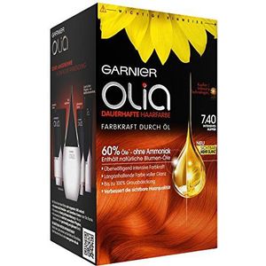 Garnier Olia 7.4 Permanente haarverf, intens koper, zonder ammoniak, met voedende natuurlijke oliën, volledige afdekking voor grijs haar, permanente kleuring, 3 x 1 stuk