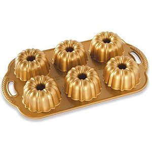 Nordic Ware Verjaardagsbundtlettevorm van gegoten aluminium, taartvorm voor 6 taarten, hoogwaardige taartvorm, gemaakt in de VS, kleur: goud